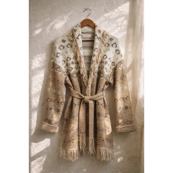 Lucky Brand Sweaters - LUCKY BRAND Beige Fair Isle Print Open Front Tie Cardigan Sweater Womens size M